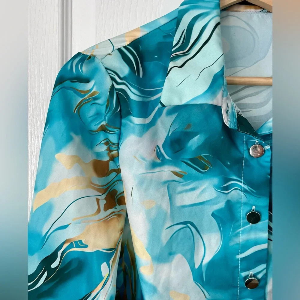 SHEIN Blue Marble Print Satin Button Up Blouse - Size Small - Picture 3 of 10